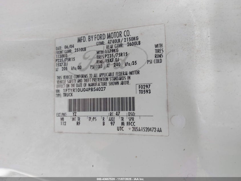 2004 Ford Ranger Edge/Xl/Xlt VIN: 1FTYR10U04PB54027 Lot: 43657528