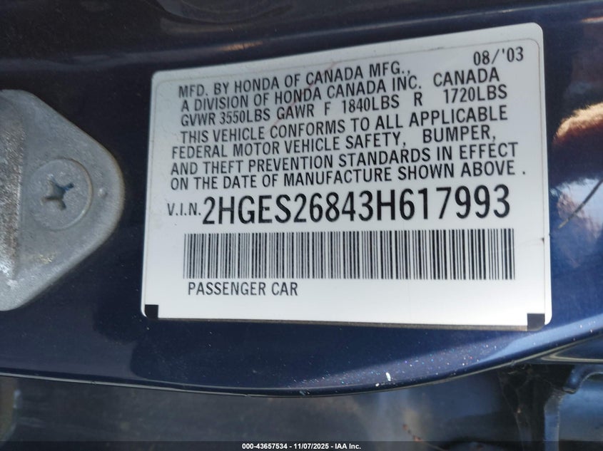 2003 Honda Civic Ex VIN: 2HGES26843H617993 Lot: 43657534