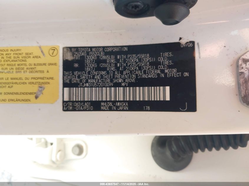 2007 Lexus Rx 400H VIN: JTJHW31U572010099 Lot: 43657547