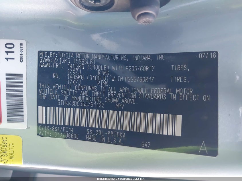 2016 Toyota Sienna Le 8 Passenger VIN: 5TDKK3DC3GS761122 Lot: 43657553