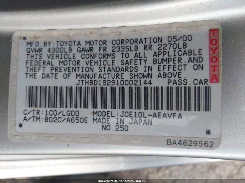 2001 Lexus Is 300 VIN: JTHBD182910002144 Lot: 43657560