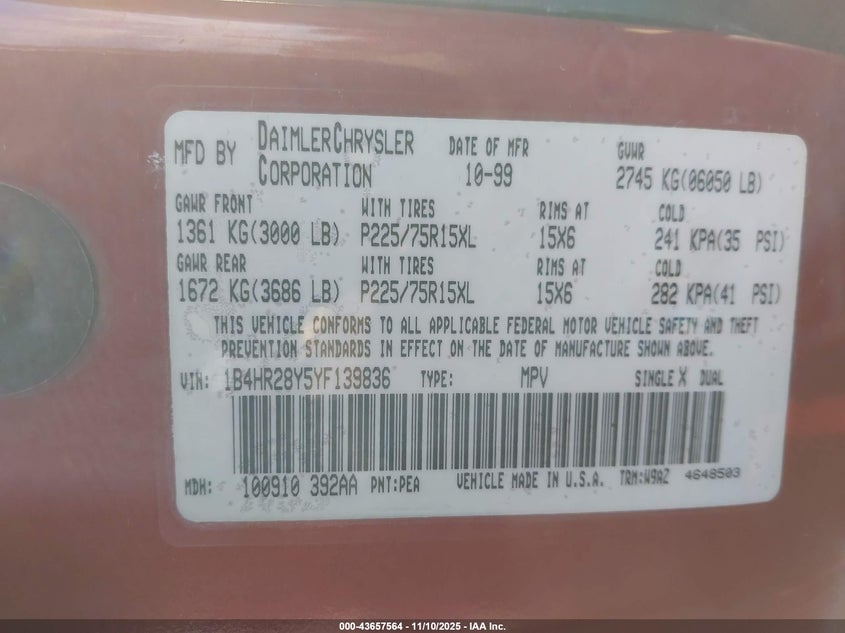 2000 Dodge Durango VIN: 1B4HR28Y5YF139836 Lot: 43657564