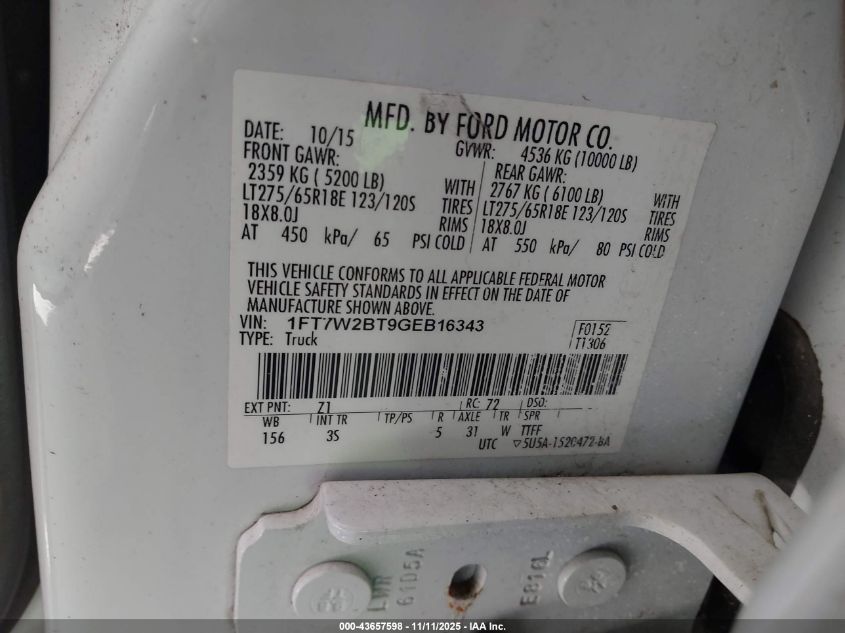 2016 Ford F-250 Xlt VIN: 1FT7W2BT9GEB16343 Lot: 43657598