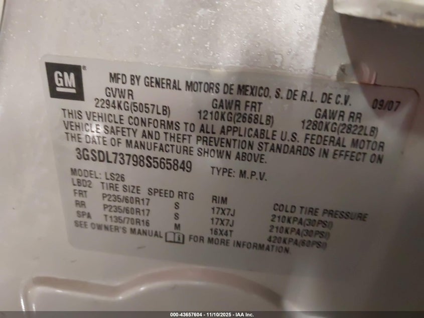 2008 Saturn Vue V6 Xr VIN: 3GSDL73798S565849 Lot: 43657604