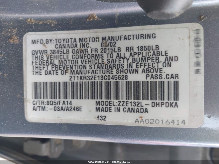 2003 Toyota Matrix Standard VIN: 2T1KR32E13C045628 Lot: 43657611