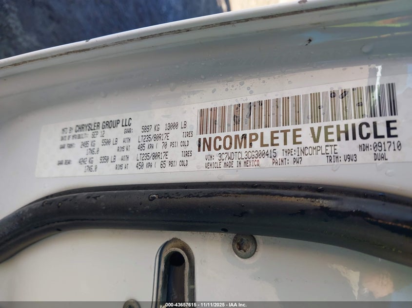 2012 Ram 3500 Chassis St/Slt/Laramie VIN: 3C7WDTCL3CG300415 Lot: 43657615