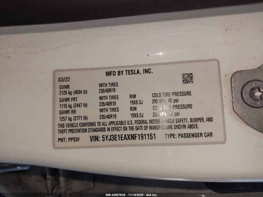 2022 Tesla Model 3 Rear-Wheel Drive VIN: 5YJ3E1EAXNF191151 Lot: 43657636