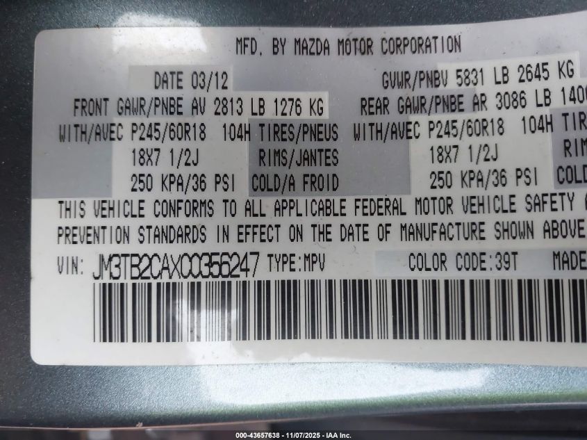 2012 Mazda Cx-9 Touring VIN: JM3TB2CAXC0356247 Lot: 43657638