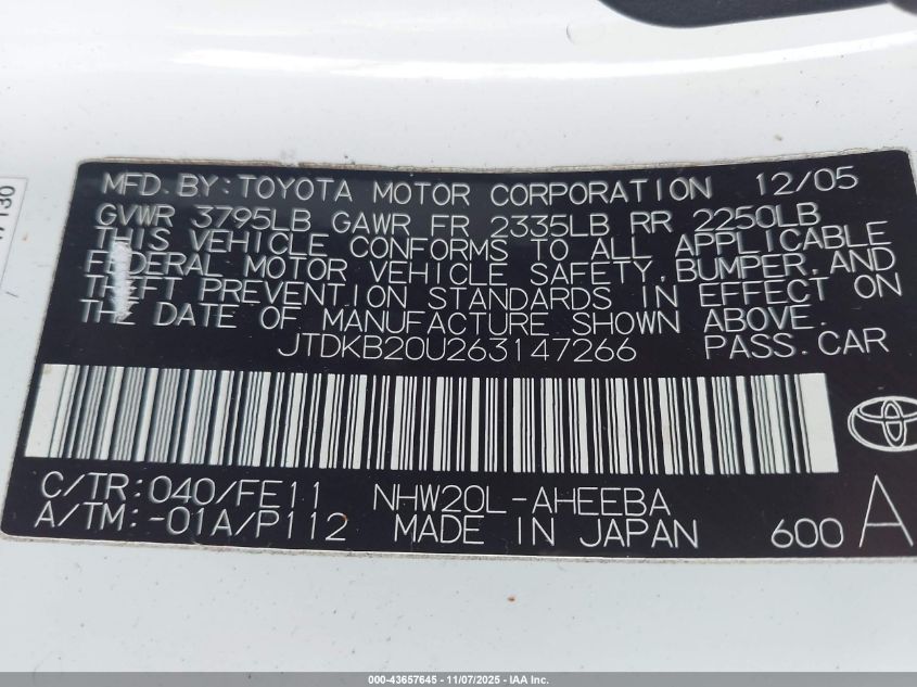 2006 Toyota Prius VIN: JTDKB20U263147266 Lot: 43657645