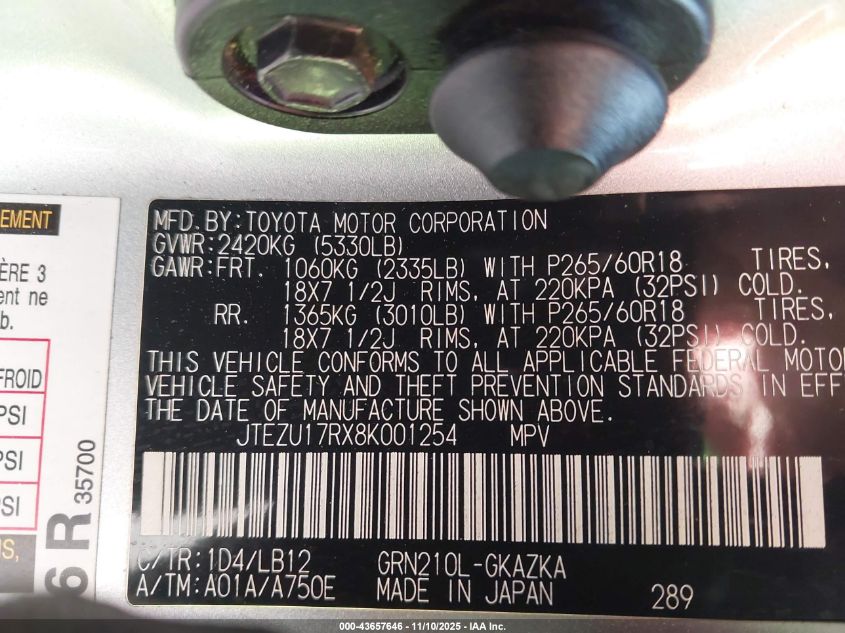 2008 Toyota 4Runner Limited V6 VIN: JTEZU17RX8K001254 Lot: 43657646
