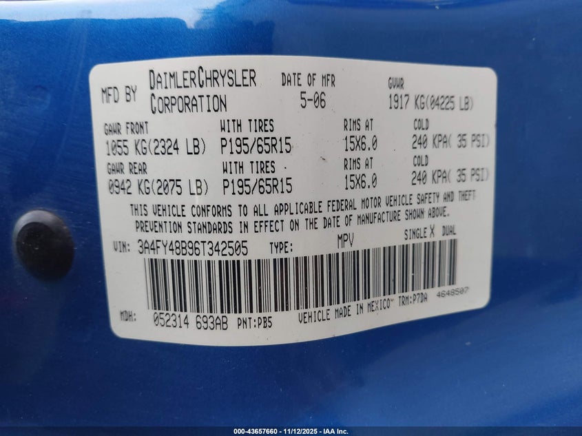 2006 Chrysler Pt Cruiser VIN: 3A4FY48B96T342505 Lot: 43657660