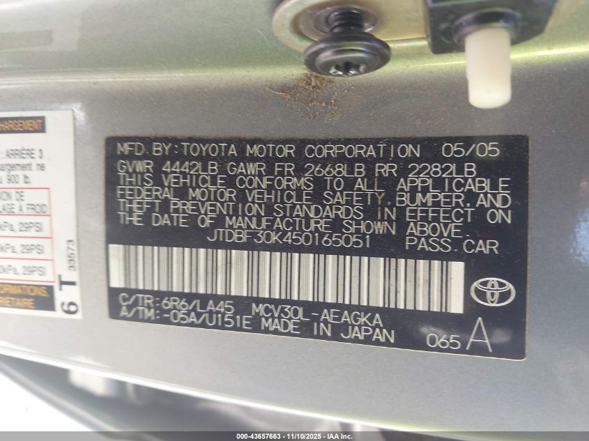 2005 Toyota Camry Xle V6 VIN: JTDBF30K450165051 Lot: 43657663