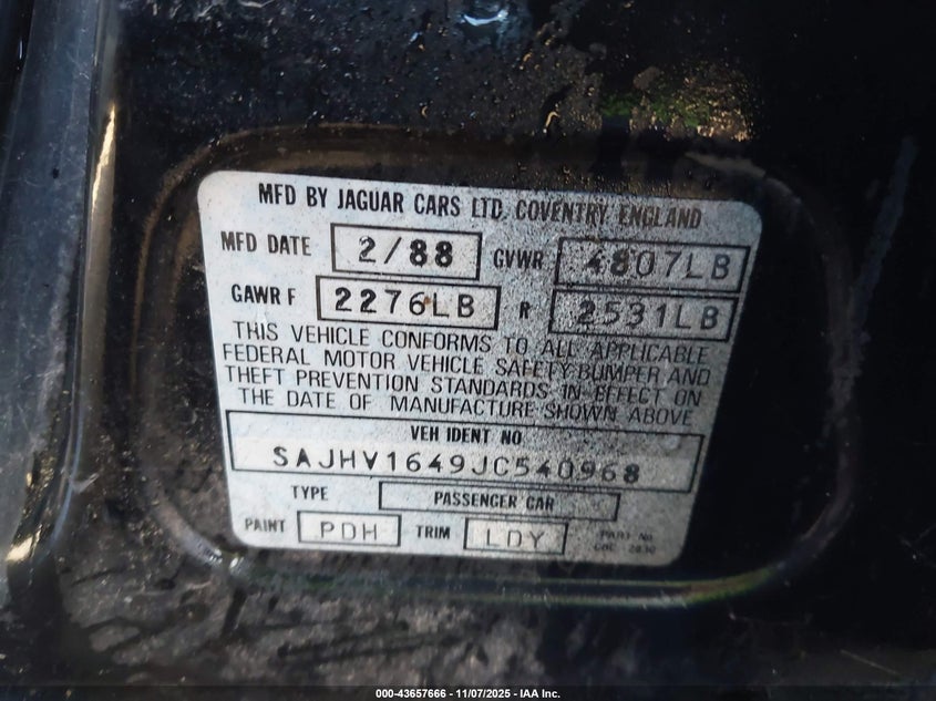1988 Jaguar Xj6 VIN: SAJHV1649JC540968 Lot: 43657666