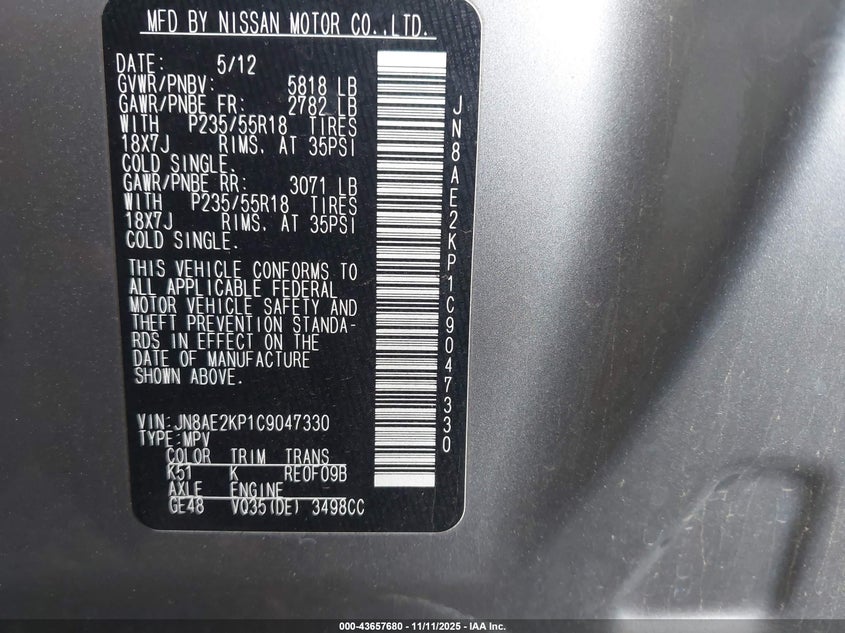JN8AE2KP1C9047330 2012 NISSAN QUEST photo no. 9