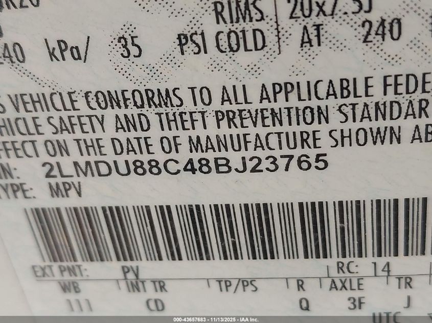 2008 Lincoln Mkx VIN: 2LMDU88C48BJ23765 Lot: 43657683