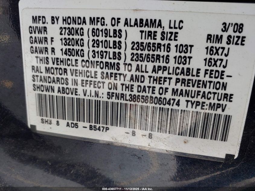 2008 Honda Odyssey Ex-L VIN: 5FNRL38658B060474 Lot: 43657711