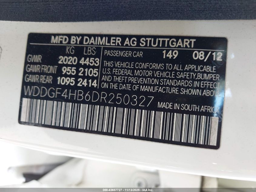 2013 Mercedes-Benz C 250 Sport VIN: WDDGF4HB6DR250327 Lot: 43657727