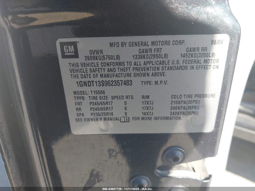 1GNDT13S962357483 2006 CHEVROLET TRAILBLAZER photo no. 9