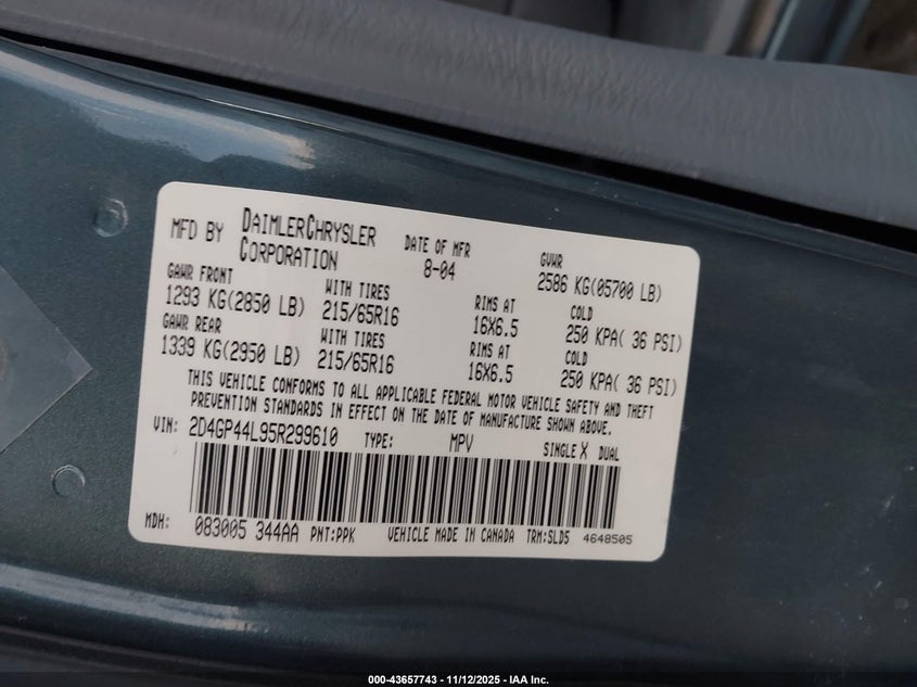 2005 Dodge Grand Caravan Sxt VIN: 2D4GP44L95R299610 Lot: 43657743