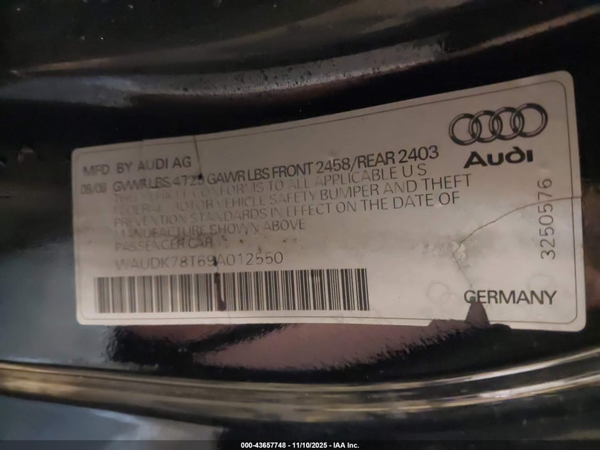 2009 Audi A5 3.2L VIN: WAUDK78T69A012550 Lot: 43657748