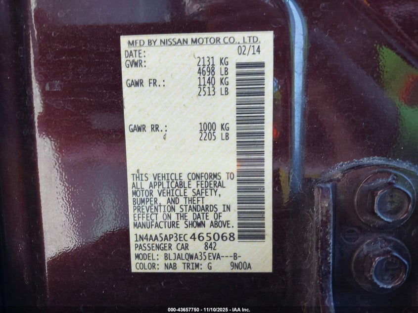 2014 Nissan Maxima 3.5 S/3.5 Sv VIN: 1N4AA5AP3EC465068 Lot: 43657750