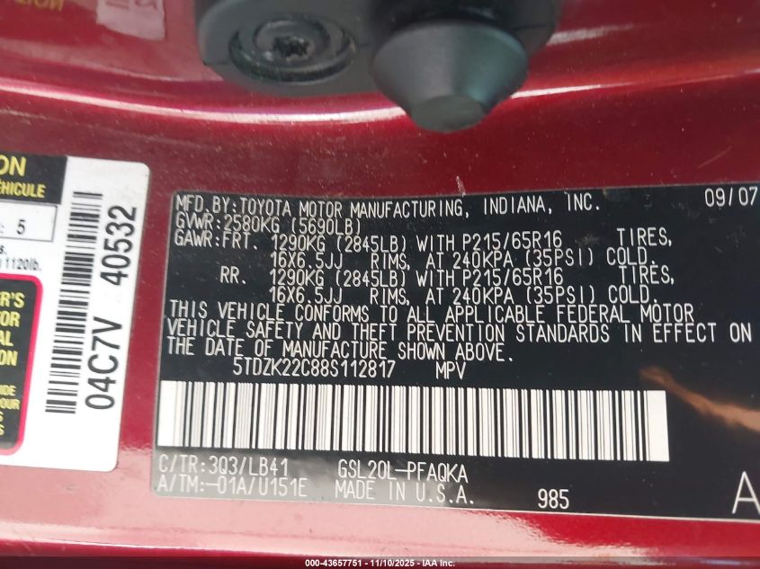 2008 Toyota Sienna Xle VIN: 5TDZK22C88S112817 Lot: 43657751