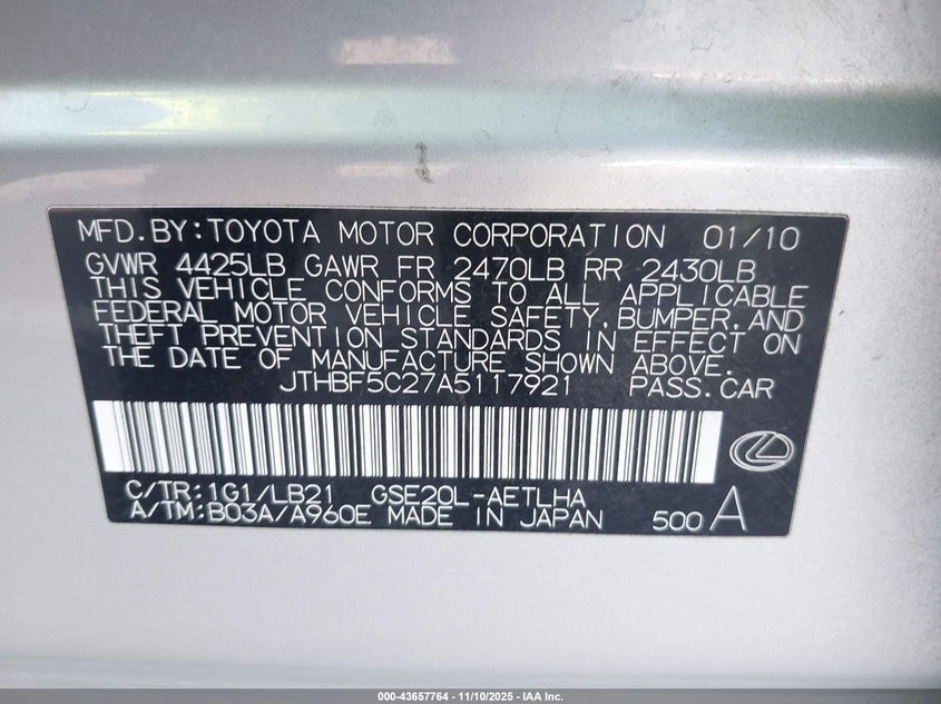 JTHBF5C27A5117921 2010 LEXUS IS photo no. 9