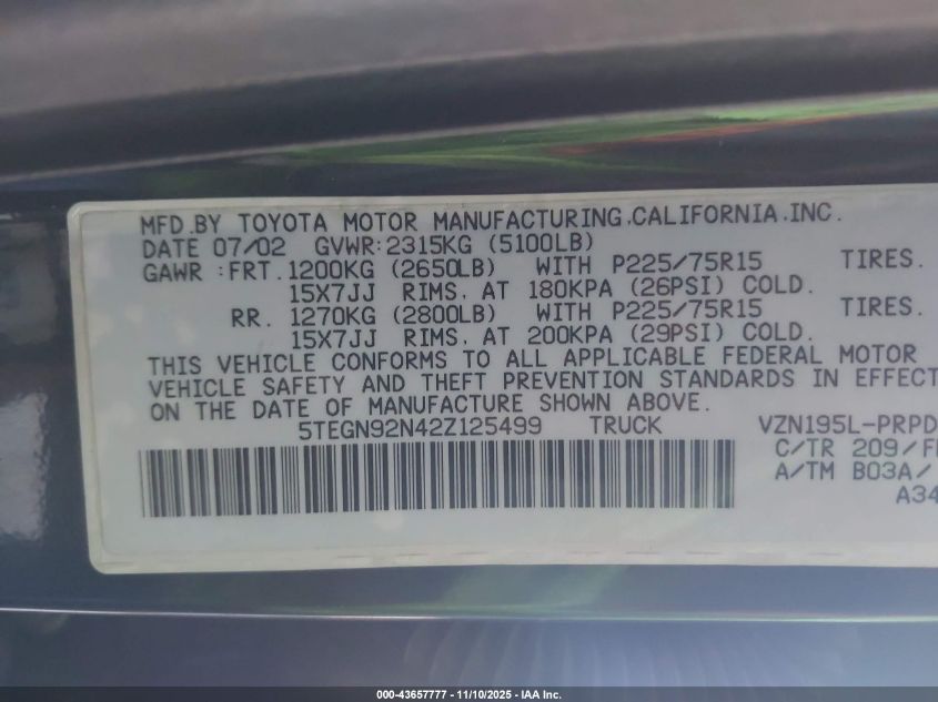 2002 Toyota Tacoma Prerunner V6 VIN: 5TEGN92N42Z125499 Lot: 43657777