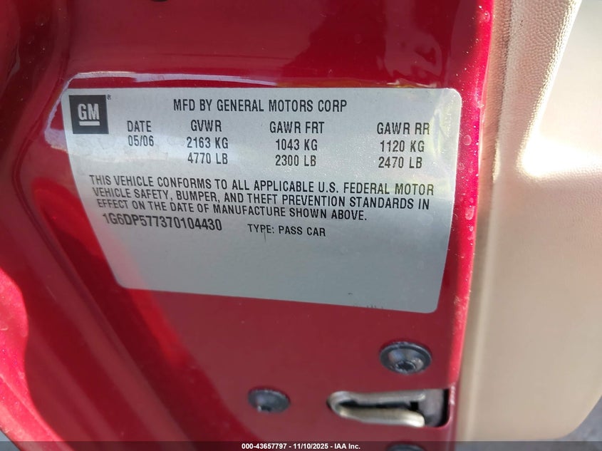 2007 Cadillac Cts Standard VIN: 1G6DP577370104430 Lot: 43657797