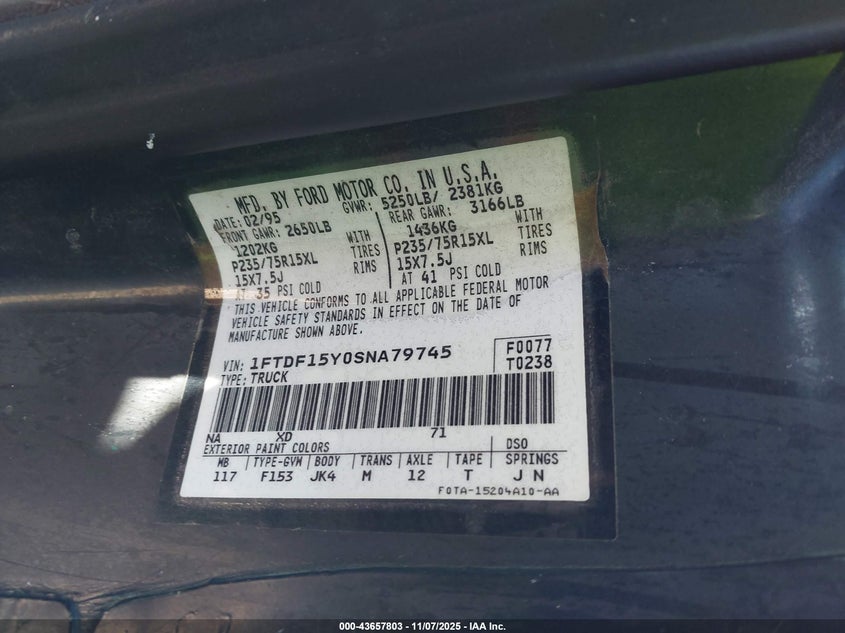 1995 Ford F150 VIN: 1FTDF15Y0SNA79745 Lot: 43657803