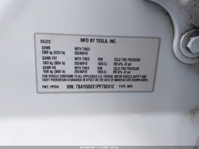 2023 Tesla Model Y Awd/Long Range Dual Motor All-Wheel Drive VIN: 7SAYGDEE1PF792412 Lot: 43657806