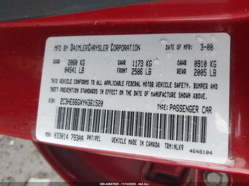 2000 Chrysler 300M VIN: 2C3HE66GXYH361520 Lot: 43657820