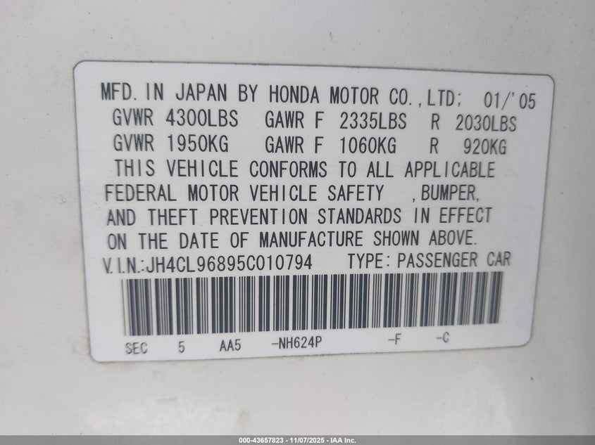 2005 Acura Tsx VIN: JH4CL96895C010794 Lot: 43657823