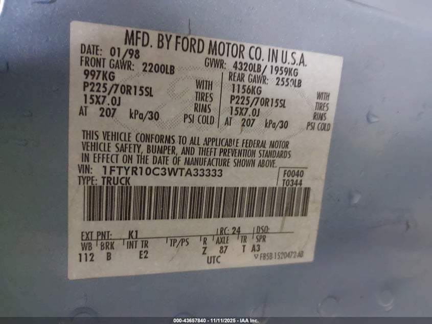 1998 Ford Ranger Splash/Xl/Xlt VIN: 1FTYR10C3WTA33333 Lot: 43657840