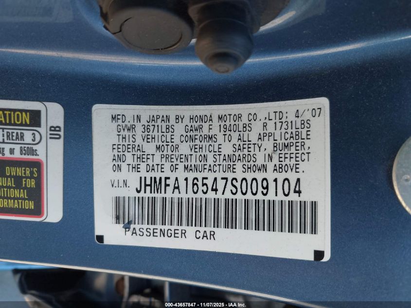 2007 Honda Civic Lx VIN: JHMFA16547S009104 Lot: 43657847