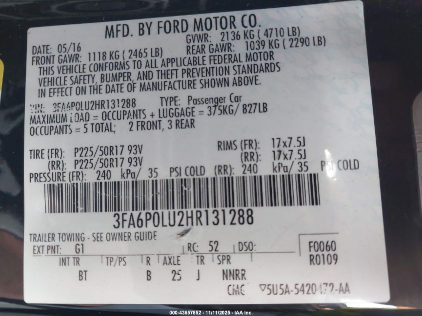 2017 Ford Fusion Hybrid Se VIN: 3FA6P0LU2HR131288 Lot: 43657852