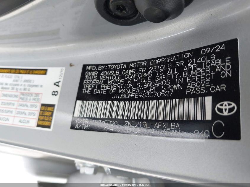 2025 Toyota Corolla Hybrid Le VIN: JTDBCMFE9S3070527 Lot: 43657866