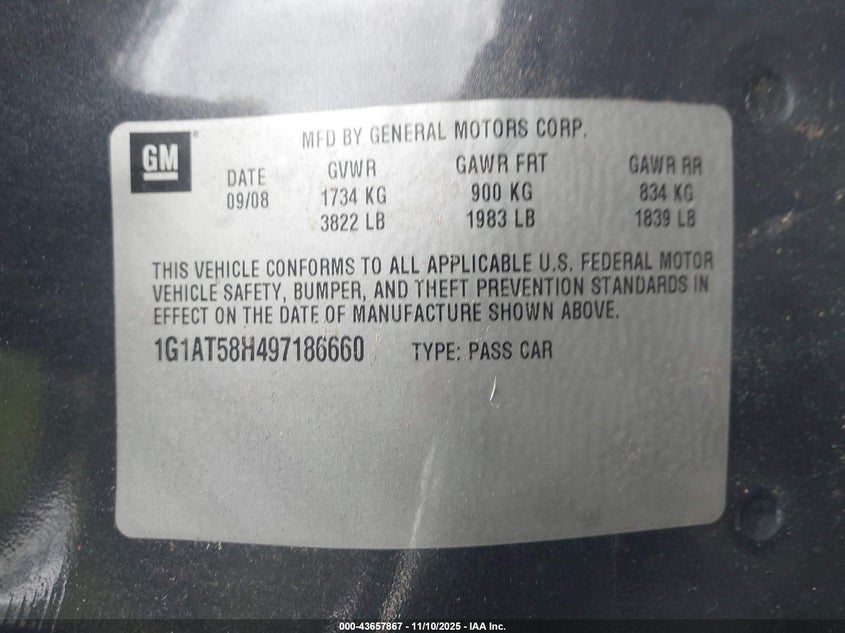 2009 Chevrolet Cobalt Lt VIN: 1G1AT58H497186660 Lot: 43657867