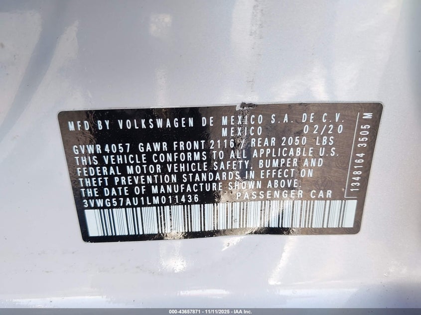 2020 VOLKSWAGEN GOLF 1.4T TSI 3VWG57AU1LM011436
