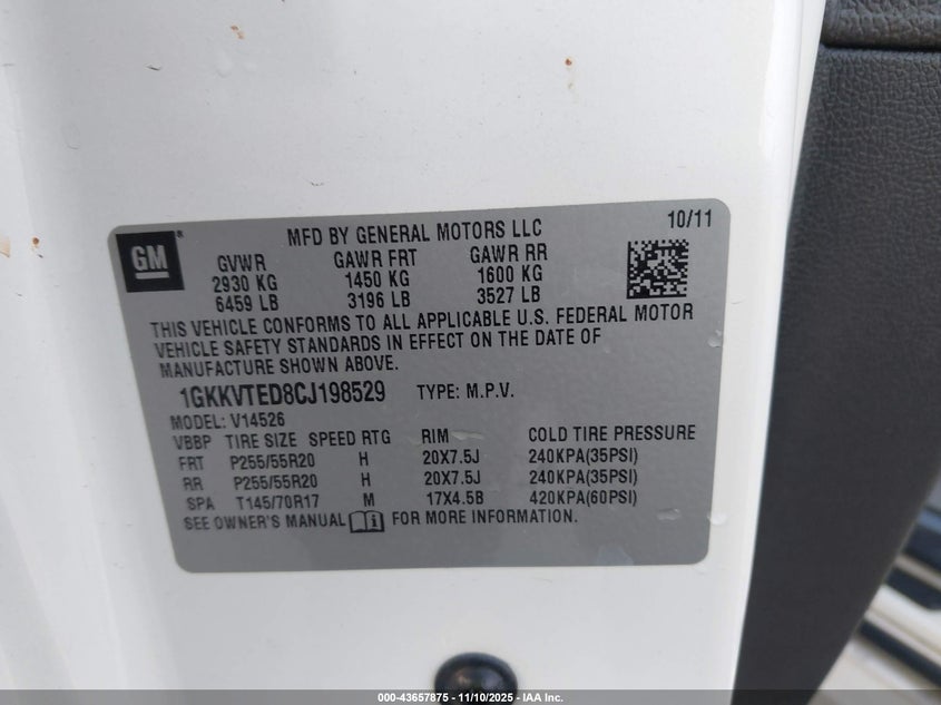 2012 GMC Acadia Denali VIN: 1GKKVTED8CJ198529 Lot: 43657875