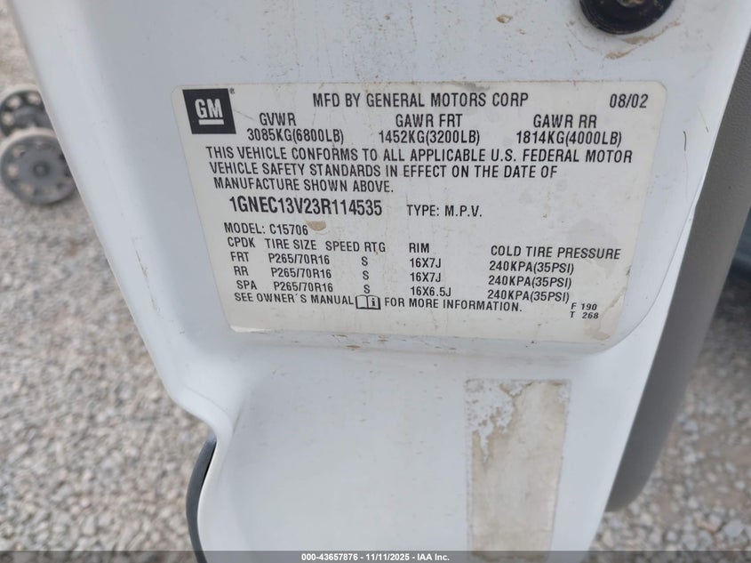 2003 Chevrolet Tahoe Ls VIN: 1GNEC13V23R114535 Lot: 43657876