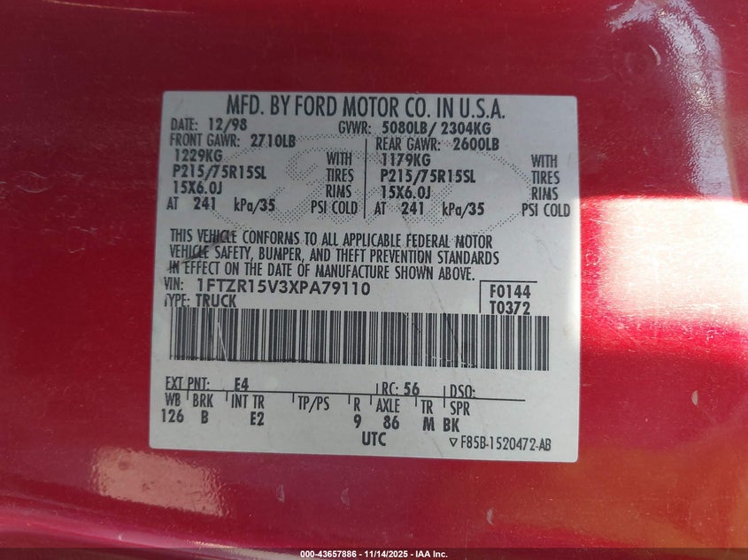 1999 Ford Ranger Super Cab VIN: 1FTZR15V3XPA79110 Lot: 43657886