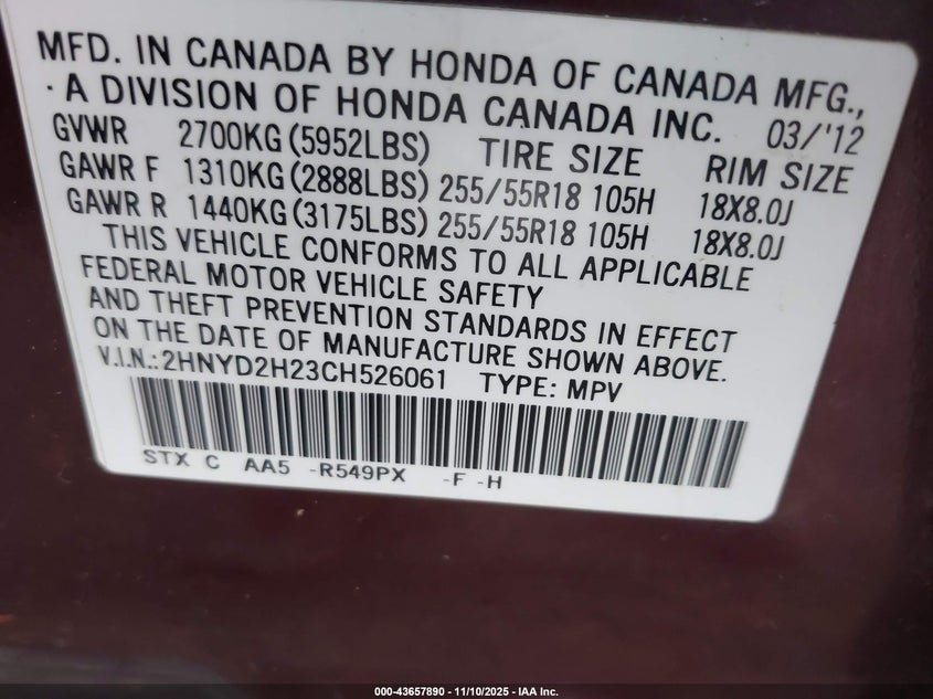 2012 Acura Mdx VIN: 2HNYD2H23CH526061 Lot: 43657890