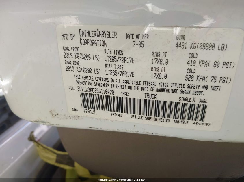 2006 Dodge Ram 3500 Slt/Trx4 Off Road/Sport VIN: 3D7LX38C26G110079 Lot: 43657895