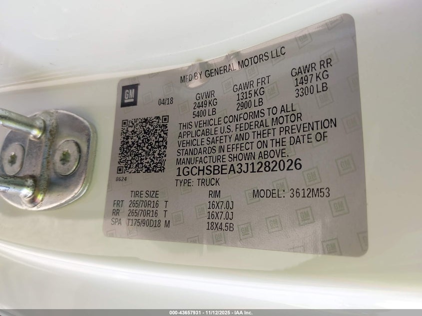 2018 Chevrolet Colorado Wt VIN: 1GCHSBEA3J1282026 Lot: 43657931