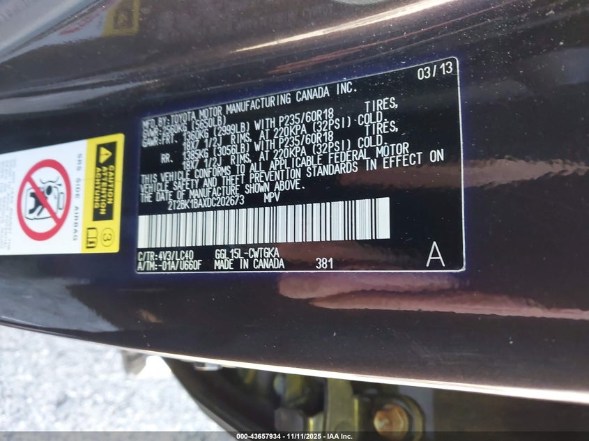 2013 Lexus Rx 350 VIN: 2T2BK1BAXDC202673 Lot: 43657934