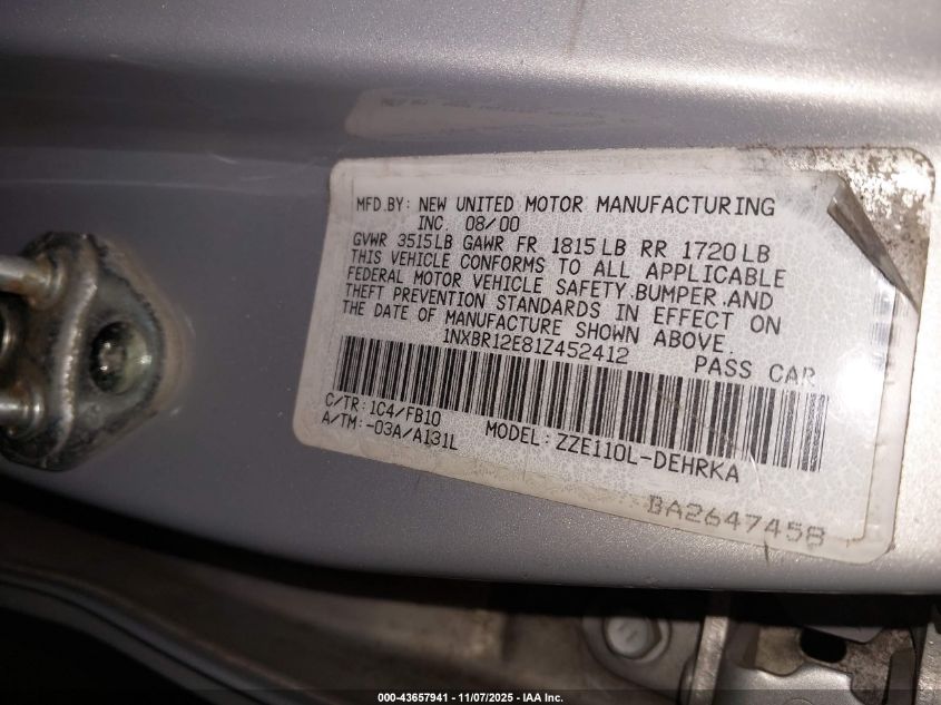 2001 Toyota Corolla Ce VIN: 1NXBR12E81Z452412 Lot: 43657941