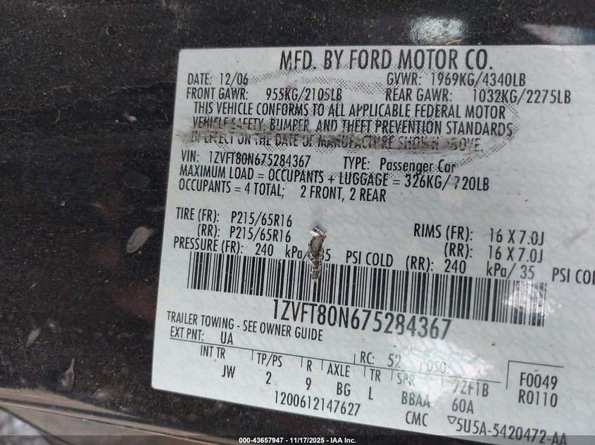 2007 Ford Mustang VIN: 1ZVFT80N675284367 Lot: 43657947
