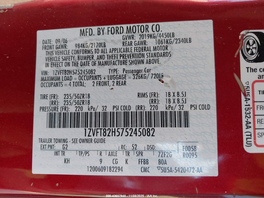 2007 Ford Mustang Gt Deluxe/Gt Premium VIN: 1ZVFT82H575245082 Lot: 43657948