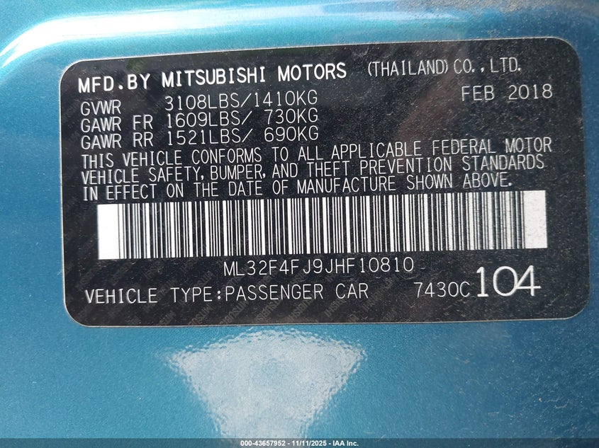 2018 Mitsubishi Mirage G4 Se VIN: ML32F4FJ9JHF10810 Lot: 43657952